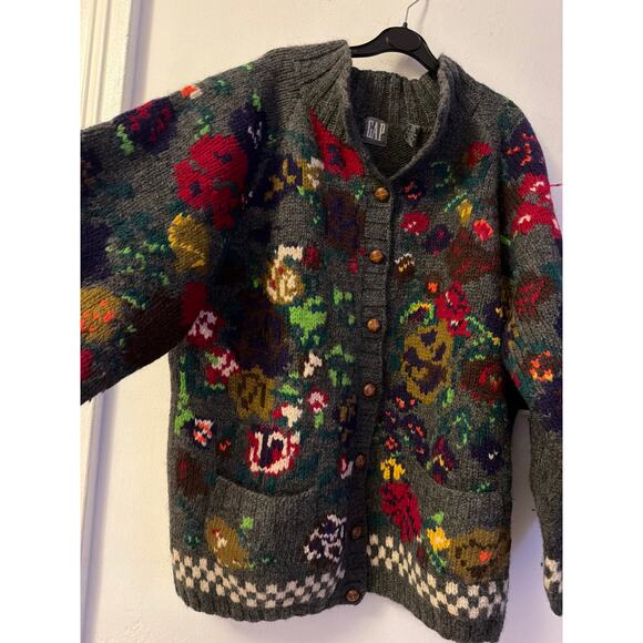 Rare Vintage GAP Hand-Knit Wool Cardigan Bold Floral SzL - Picture 6 of 9